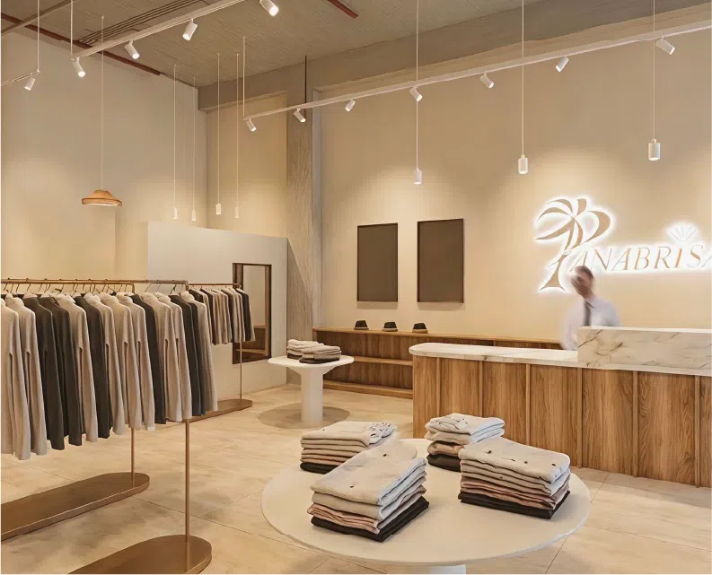 Interior de una tienda Panabrisa con prendas colgadas en un perchero, camisas dobladas sobre mesas redondas y el logo iluminado sobre el mostrador de madera